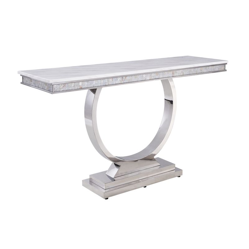 ACME Zander Sofa Table, White Engineering Marble & Mirrored Silver Finish