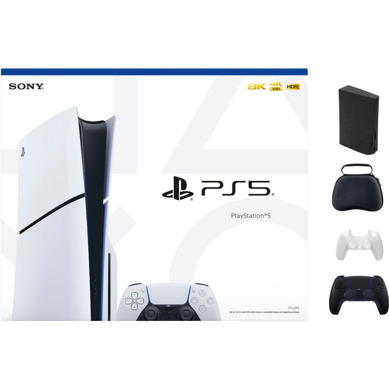 Sony - PlayStation 5 Slim Console - White With Accessories & Black Controller (Total 2 Controllers Included)