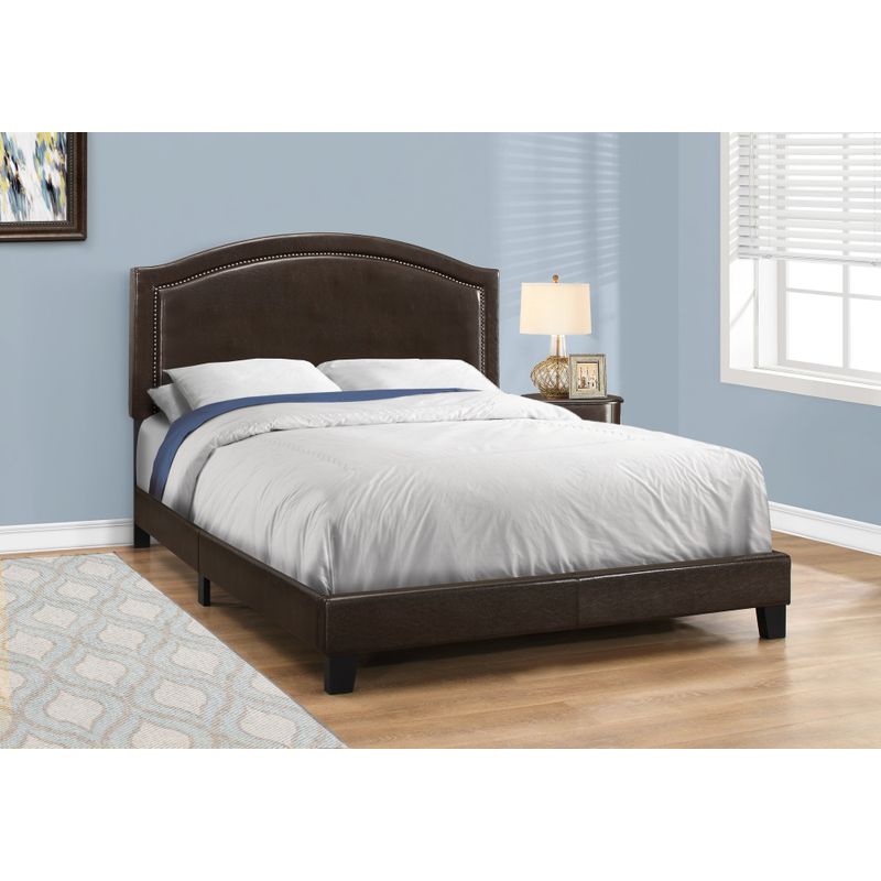 Bed - Queen Size / Brown Leather-Look With Brass Trim