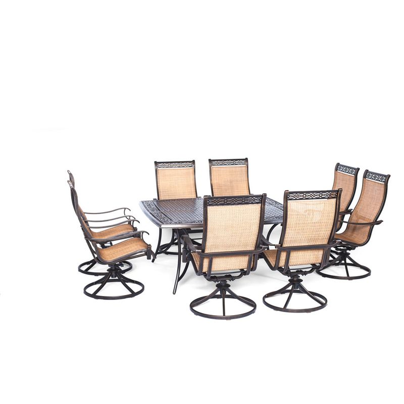 Manor 9pc: 8 Sling Swivel Rockers, 60" Square Cast Table