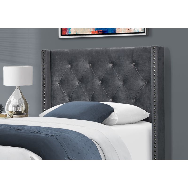 Bed - Twin Size / Dark Grey Velvet With Chrome Trim