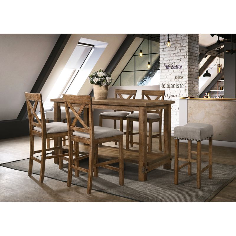 ACME Martha II Counter Height Stool (Set-2), Tan Linen & Weathered Oak
