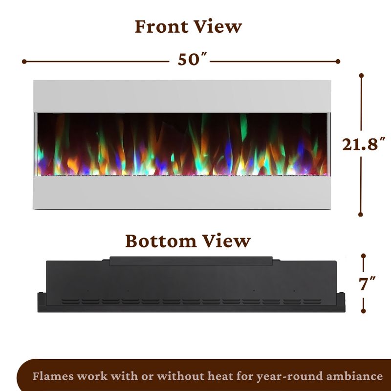 50-In. Recessed Wall Mounted Electric Fireplace with Crystal and LED Color Changing Display, White