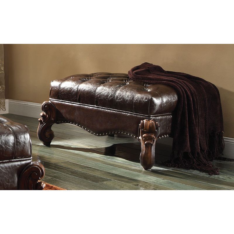 ACME Versailles Ottoman, Two Tone Dark Brown Synthetic Leather & Cherry Oak