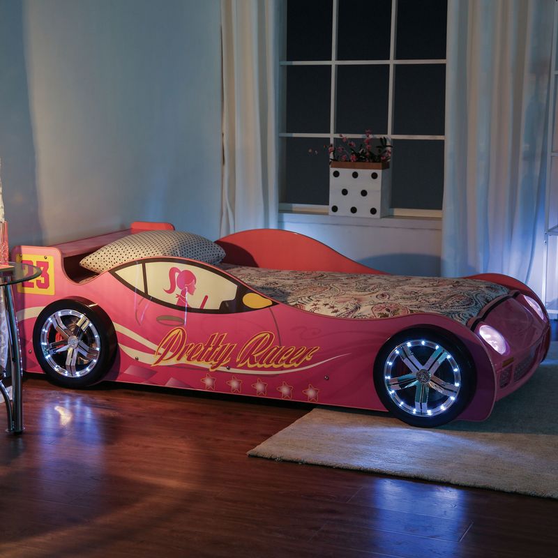 Novelty Pink Twin Race Car Bed