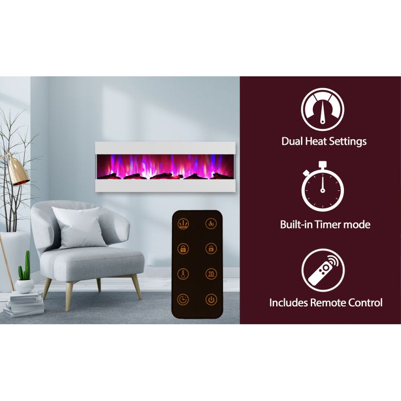 60-In. Recessed Wall Mounted Electric Fireplace with Logs and LED Color Changing Display, White