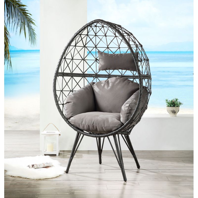 ACME Aeven Patio Lounge Chair, Light Gray Fabric & Black Wicker
