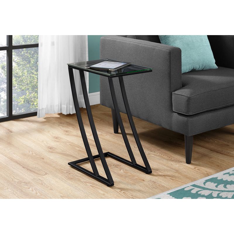 Accent Table/ C-shaped/ End/ Side/ Snack/ Living Room/ Bedroom/ Metal/ Tempered Glass/ Black/ Contemporary/ Modern