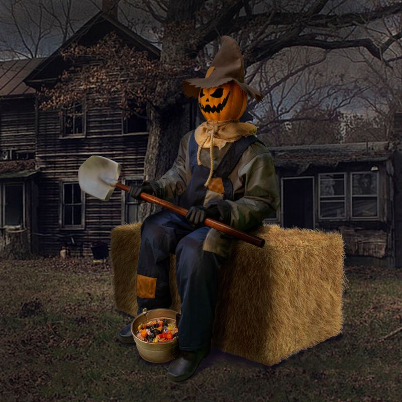 Motion Activated Smiling Jack the Sitting Scarecrow by Tekky, Premium Talking Halloween Animatronic, Plug-In or Battery