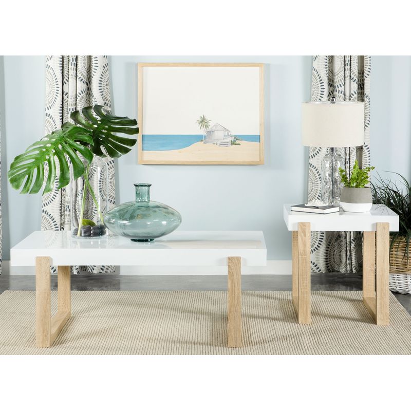 Pala Rectangular Coffee Table with Sled Base White High Gloss and Natural