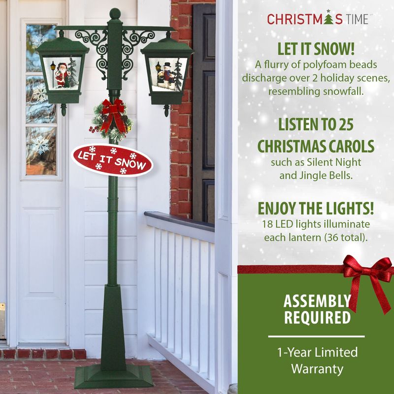 Christmas Time 74-In. Musical Christmas Dual-Lantern Street Lamp with Santa, Snowman, 1 Sign, and Cascading Snow, Green