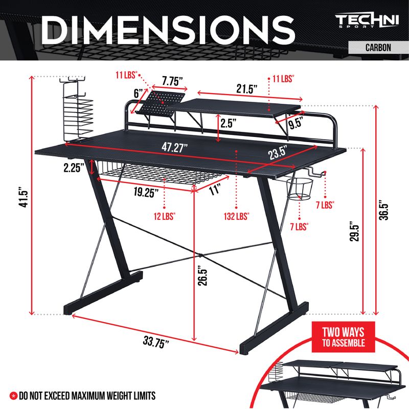 Carbon Computer Gaming Desk with Shelving, Black