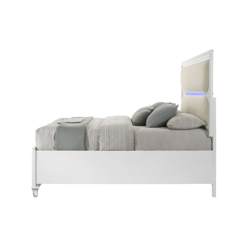 ACME Tarian Queen Bed w/Storage & LED, White Boucle & Pearl White Finish