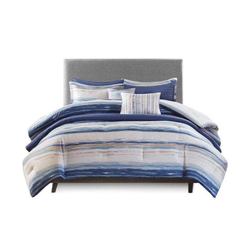 Blue Marina 8 Piece Printed Seersucker Comforter and Coverlet Set Collection King/Cal King