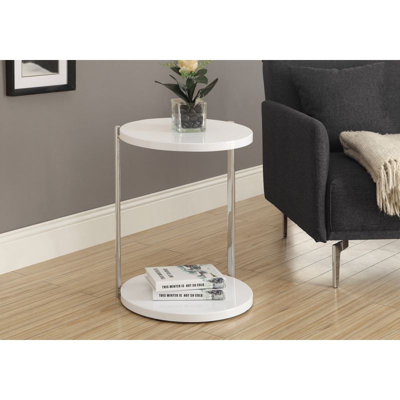 Accent Table/ Round/ Side/ End/ Nightstand/ Lamp/ Living Room/ Bedroom/ Metal/ Laminate/ Glossy White/ Chrome/ Contemporary/ Modern