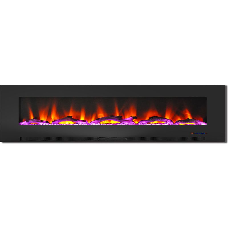 78-In. Wall-Mount Electric Fireplace in Black with Multi-Color Flames and Driftwood Log Display