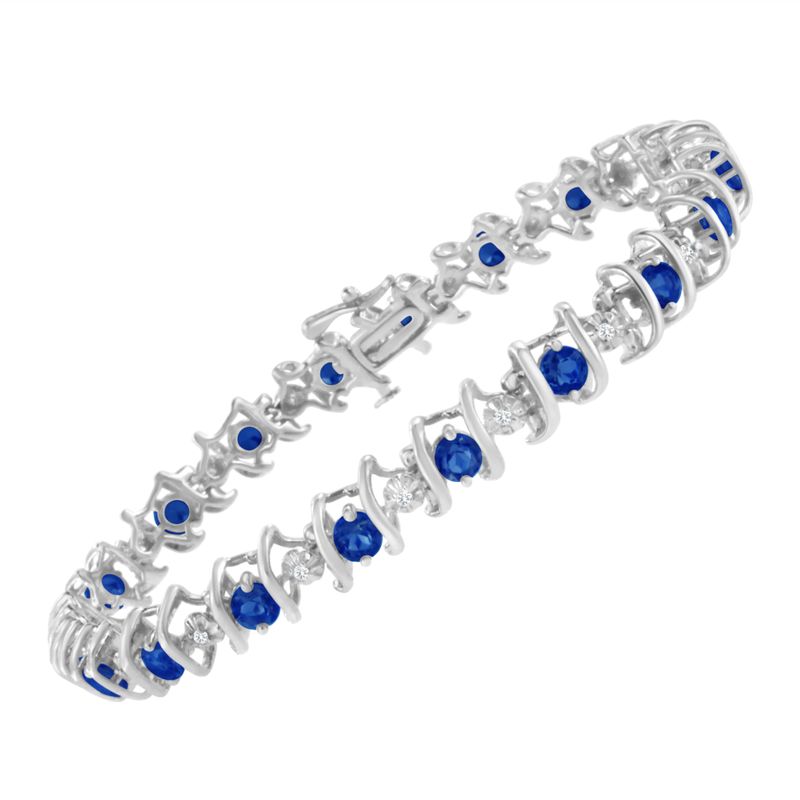 .925 Sterling Silver, Lab-Grown Gemstone and 4 Cttw Round Diamond Tennis Bracelet (H-I Color, I1-I2 Clarity) - Created Blue Sapphire, Septem