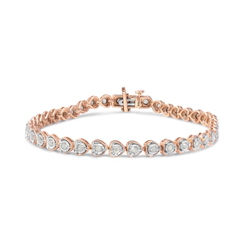 10K Rose Gold Plated .925 Sterling Silver 1.0 Cttw Miracle Set Diamond Heart-Link 7" Tennis Bracelet (I-J Color, I2-I3 Clarity)