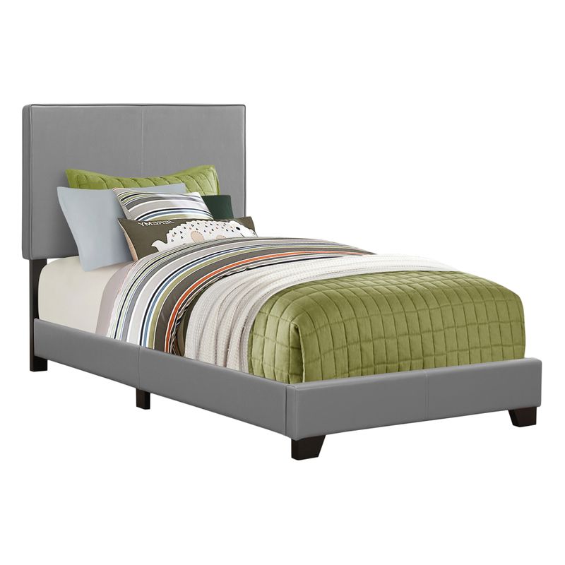 Bed/ Twin Size/ Platform/ Bedroom/ Frame/ Upholstered/ Pu Leather Look/ Wood Legs/ Grey/ Transitional