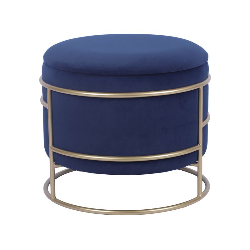 Techni Home Elegant Velvet Round Ottoman with Gold Frame and Storage, Blue