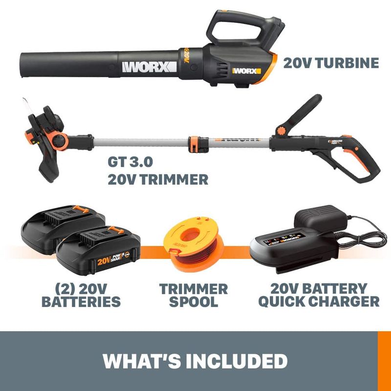 WORX - Power Share 20V GT 3.0 Trimmer with Turbine Blower Batteries and Charger - Black