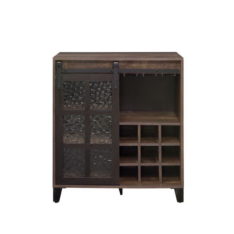 ACME Treju Wine Cabinet, Obscure Glass, Rustic Oak & Black Finish