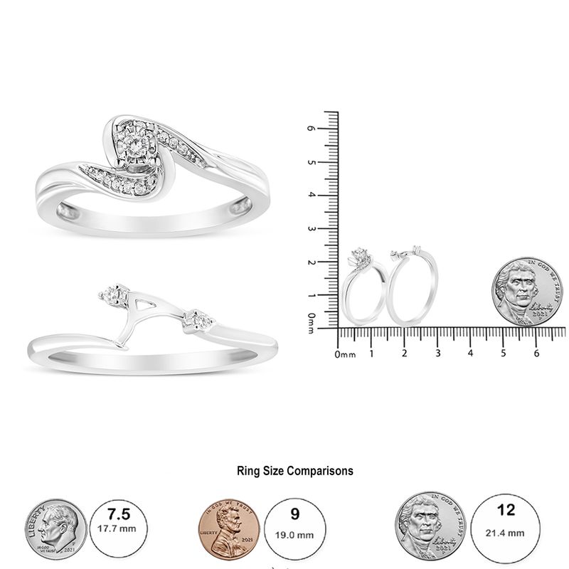 .925 Sterling Silver 1/10 Cttw Diamond Swirl and Bypass Bridal Set Ring and Band (I-J Color, I3 Clarity) - Size 6