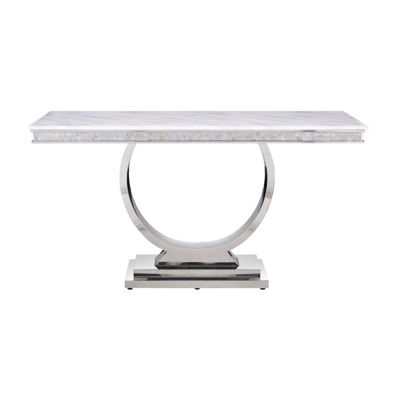 ACME Zander Sofa Table, White Engineering Marble & Mirrored Silver Finish