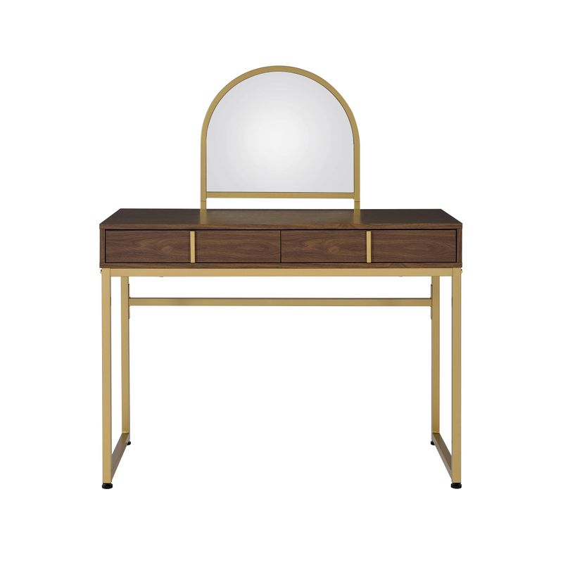 ACME Coleen Vanity Desk w/Mirror & Jewelry Tray, Walnut & Gold Finish