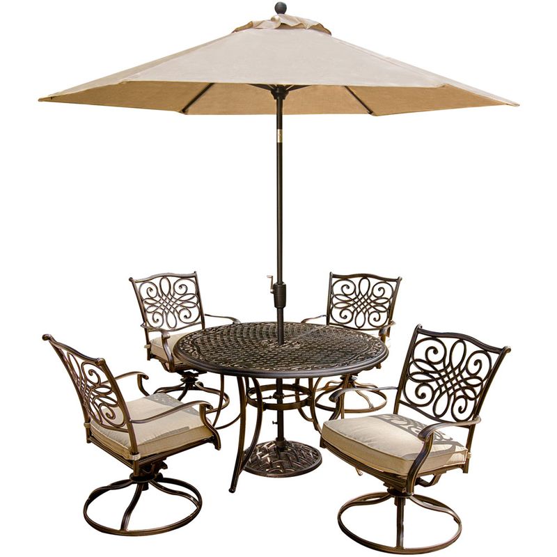 Traditions 5pc: 4 Swivel Rockers, 48" Round Cast Table, Umbrella, Base