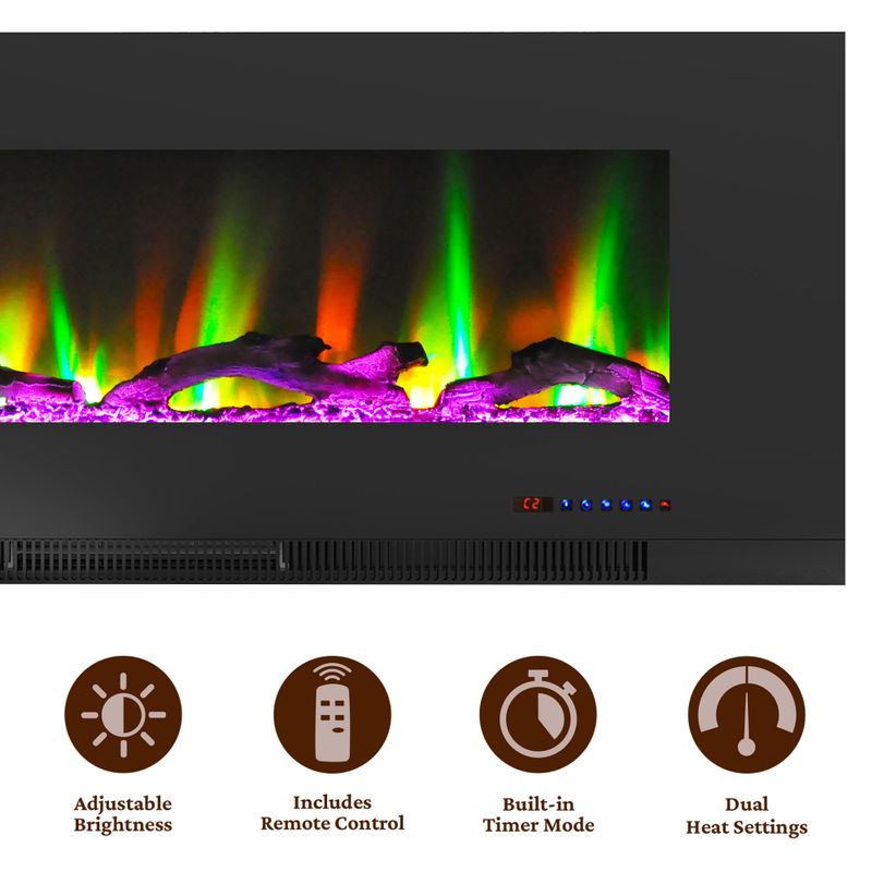 50-In. Wall-Mount Electric Fireplace in Black with Multi-Color Flames and Driftwood Log Display