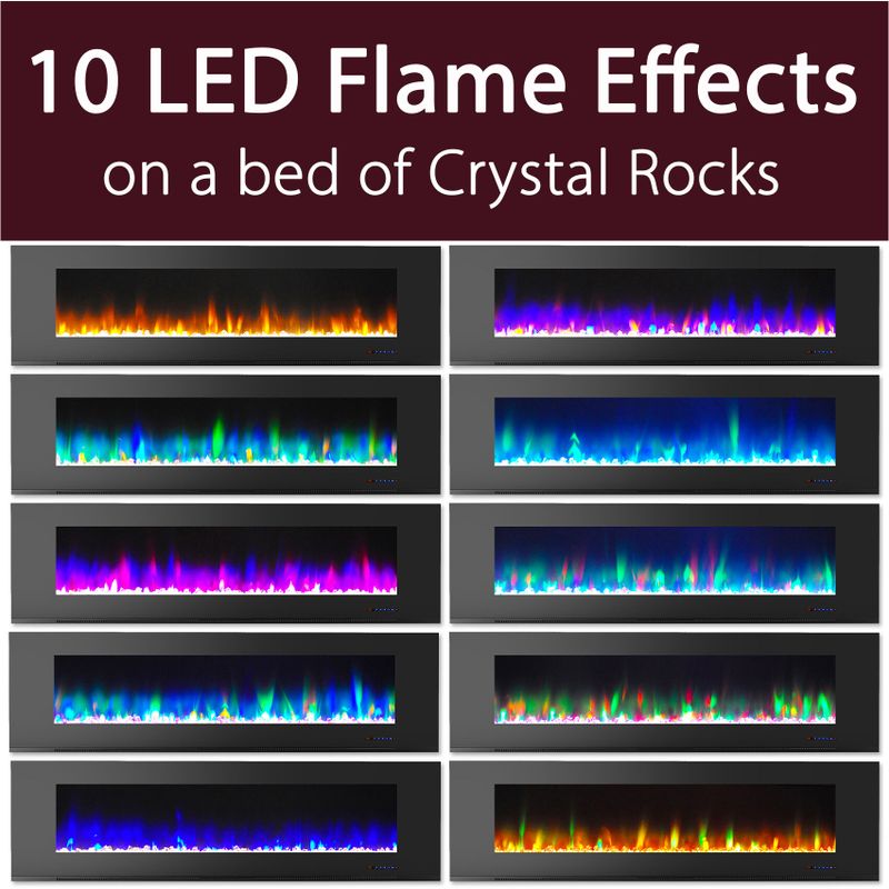 72-In. Wall-Mount Electric Fireplace in Black with Multi-Color Flames and Crystal Rock Display