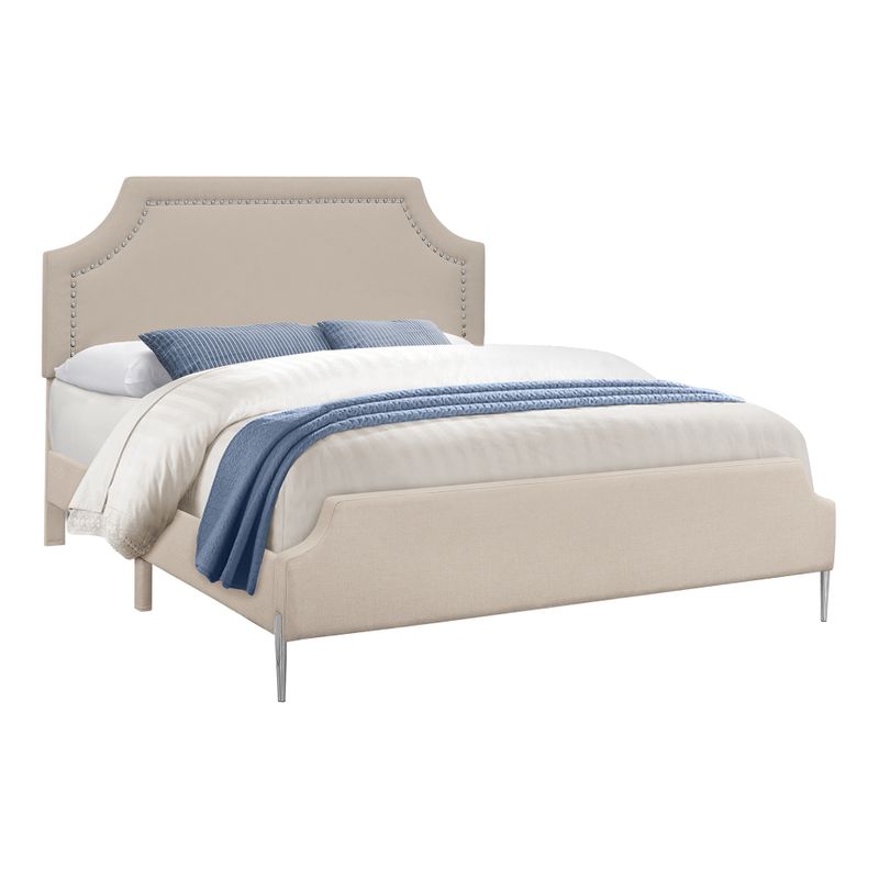 Bed - Queen Size / Beige Linen With Chrome Metal Legs