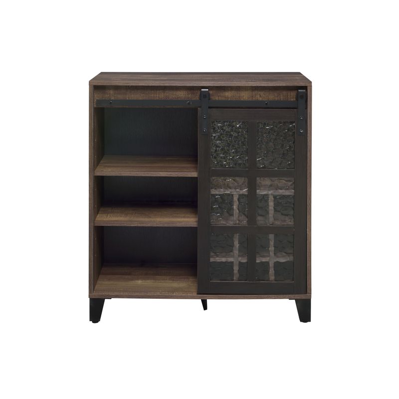 ACME Treju Wine Cabinet, Obscure Glass, Rustic Oak & Black Finish