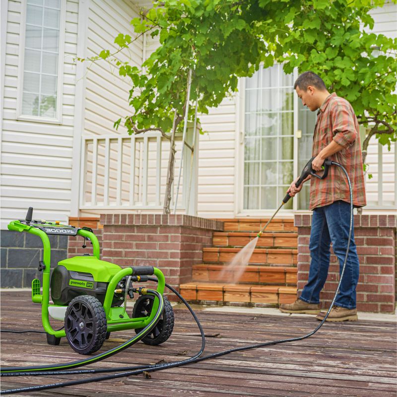 Greenworks - Electric Pressure Washer up to 3000 PSI at 2.0 GPM Combo Kit with short gun, mitts, and 15" surface cleaner - Green