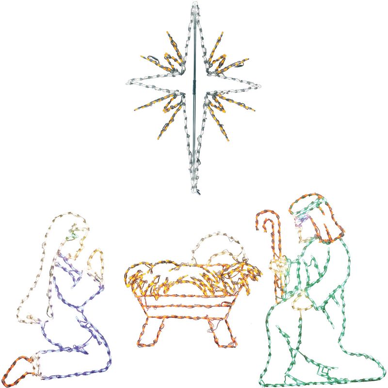 Fraser Hill Farm Christmas Outdoor LED Lights, 4-PC. Nativity w/ Star (51"x 36"), Joseph (51"x 34"), Mary (43"x 33") & Baby Jesus (37" x 32"