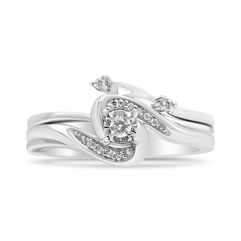 .925 Sterling Silver 1/10 Cttw Diamond Swirl and Bypass Bridal Set Ring and Band (I-J Color, I3 Clarity) - Size 6