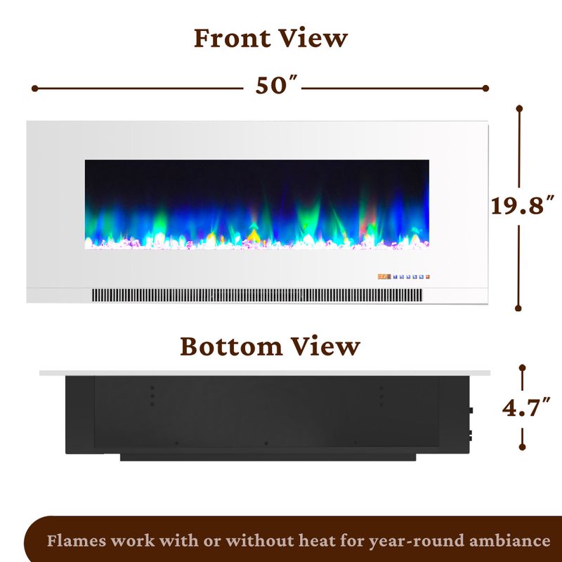 50-In. Wall-Mount Electric Fireplace in White with Multi-Color Flames and Crystal Rock Display