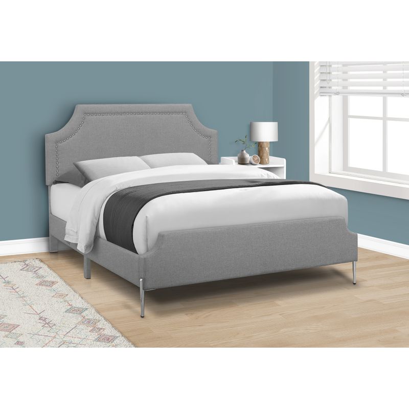 Bed - Queen Size / Grey Linen With Chrome Metal Legs