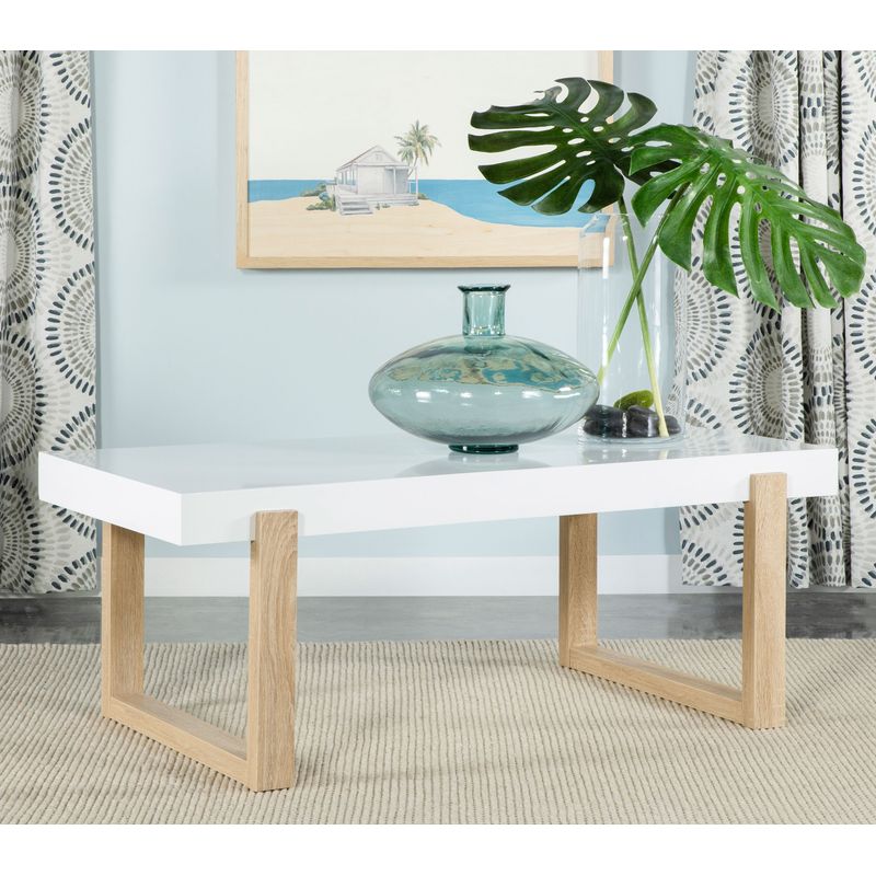 Pala Rectangular Coffee Table with Sled Base White High Gloss and Natural