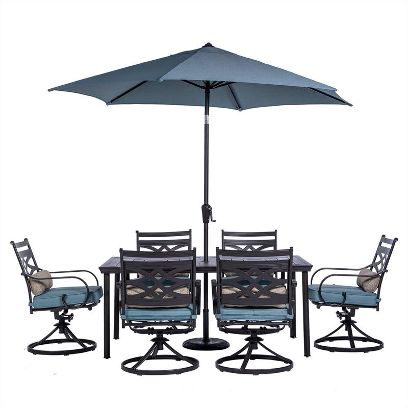 Montclair 7pc: 6 Swivel Rockers, 40x66" Dining Table, Umbrella & Base