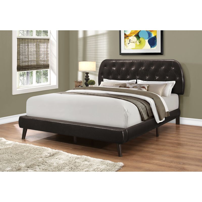 Bed - Queen Size / Brown Leather-Look With Wood Legs