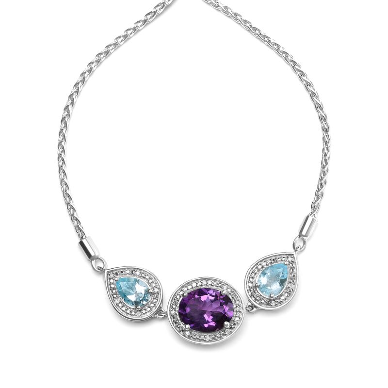 .925 Sterling Silver Oval Amethyst and Pear Blue Topaz with Diamond Accent Lariat 4"-10" Adjustable Bolo Bracelet (H-I Color, SI1-SI2 Clarit