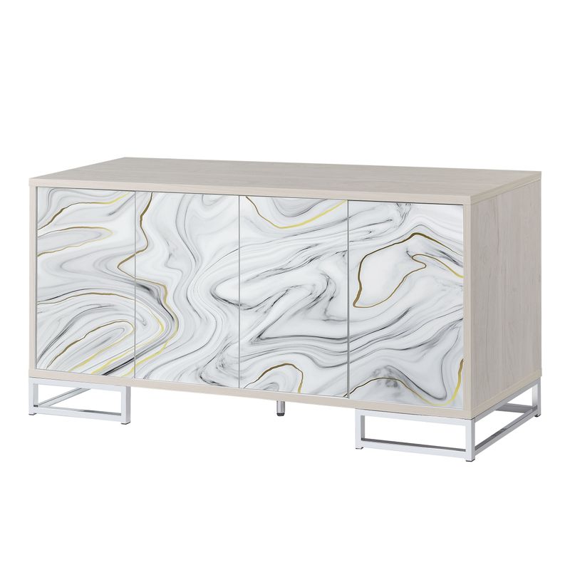 ACME Panos Console Cabinet, White Marble Paint & Chrome Finish