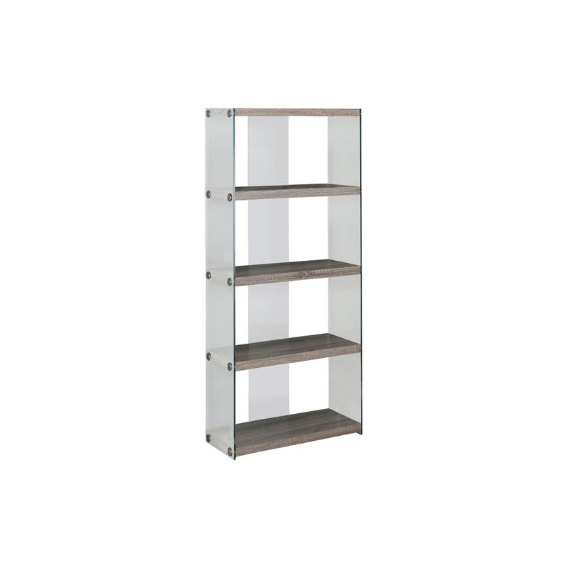 Bookshelf/ Bookcase/ Etagere/ 5 Tier/ 60"H/ Office/ Bedroom/ Tempered Glass/ Laminate/ Brown/ Clear/ Contemporary/ Modern