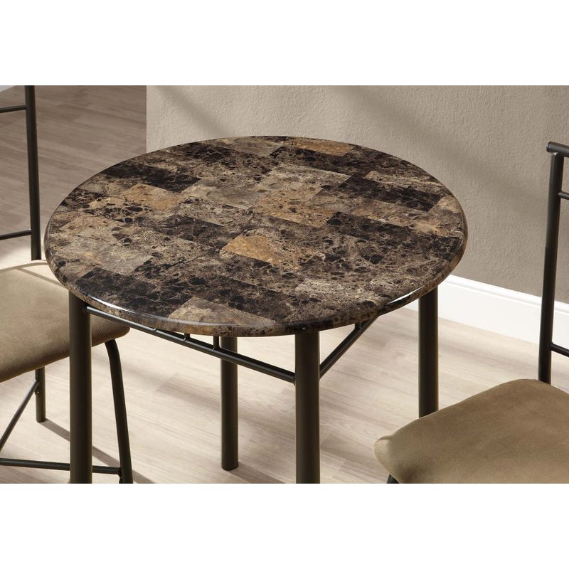 Dining Table Set/ 3pcs Set/ Small/ 30" Round/ Kitchen/ Metal/ Laminate/ Brown Marble Look/ Transitional