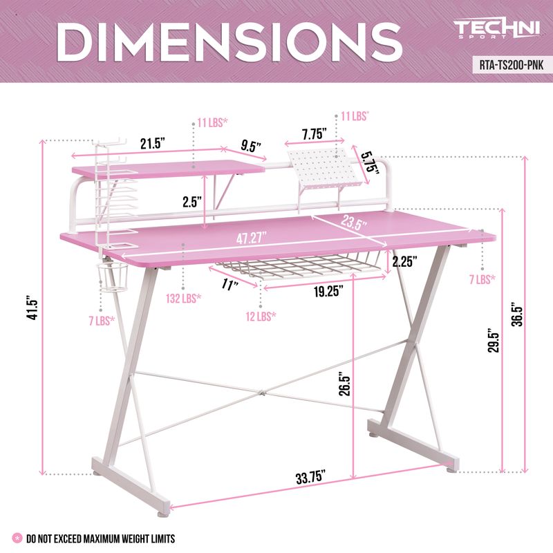 Carbon Computer Gaming Desk with Shelving, Pink