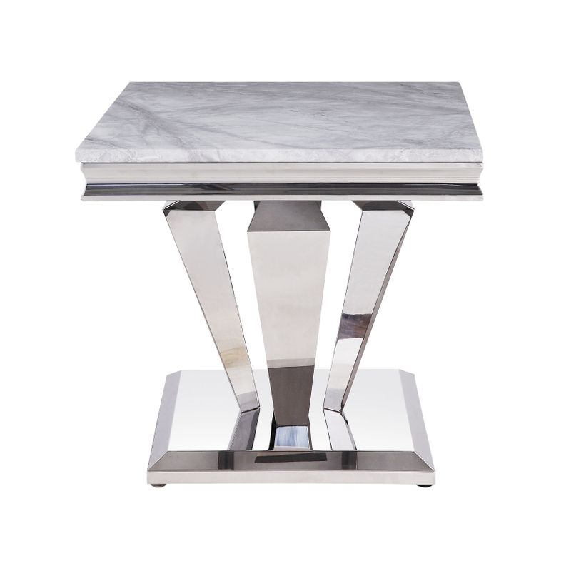 ACME Satinka End Table, Light Gray Engineering Marble & Mirrored Silver Finish