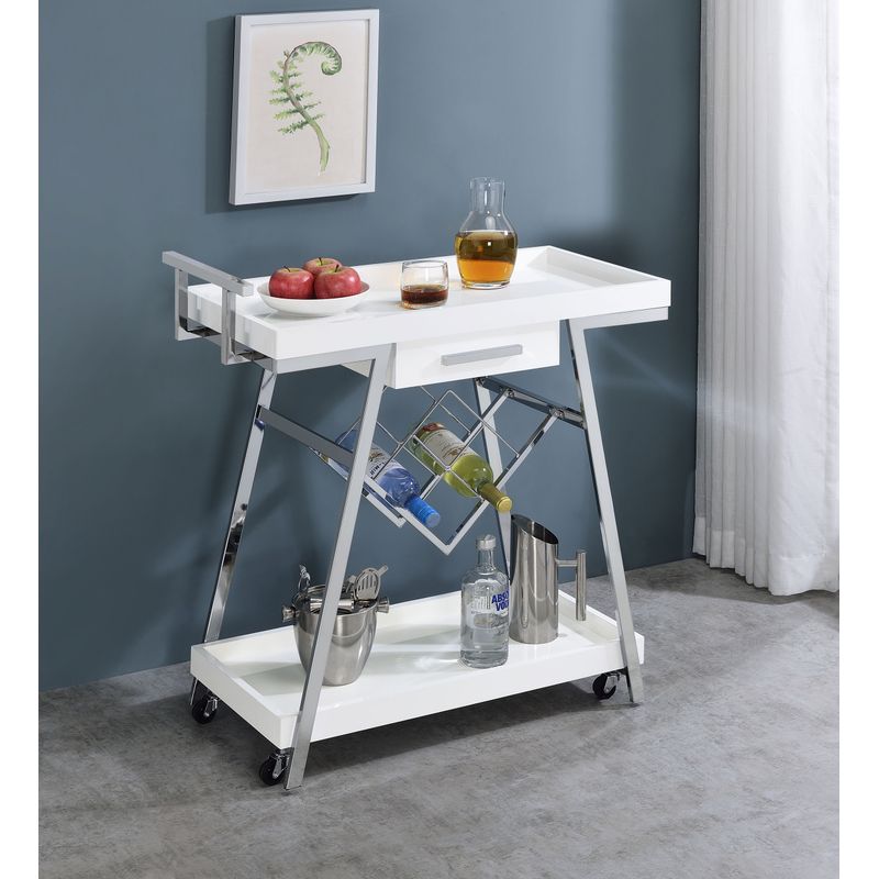 Kinney 2-tier Bar Cart with Storage Drawer White High Gloss and Chrome