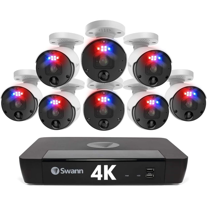 Swann - Professional 8-Channel, 8-Bullet Cameras 4K UHD, Indoor/Outdoor PoE Wired 2TB HDD NVR Security Surveillance System - White